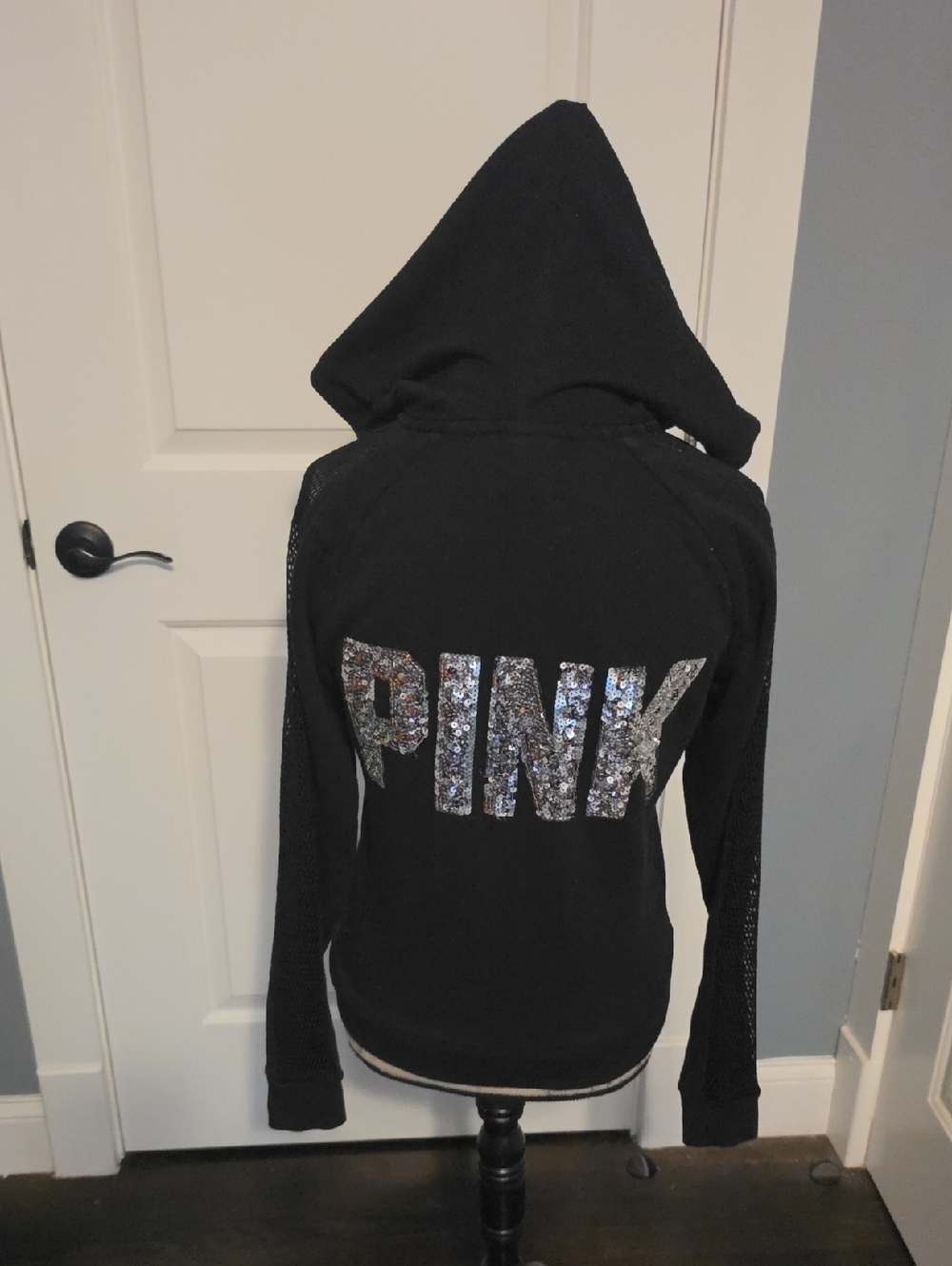 PINK Sequin Logo Black Hooded Sweatshirt